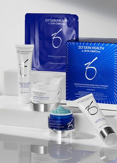 ZO skincare products displayed on a white counter